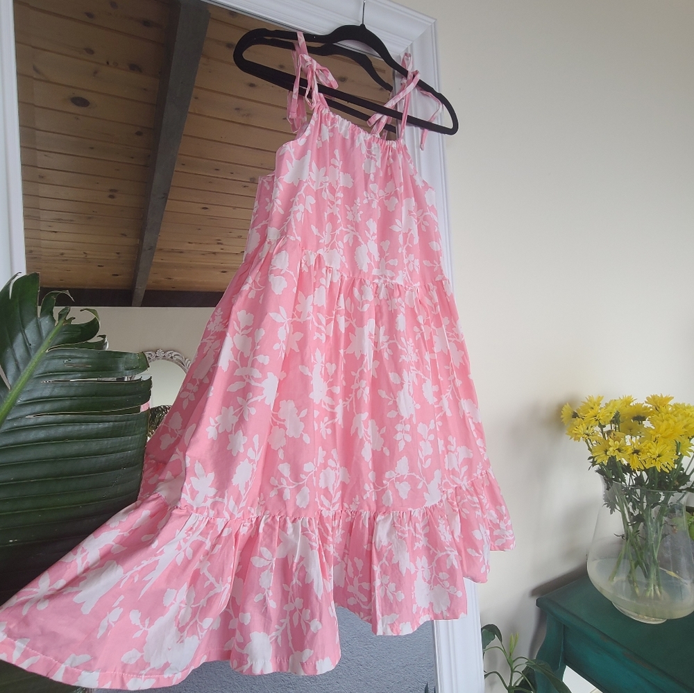 Pink and White Floral Tier Dress with Bow Ties